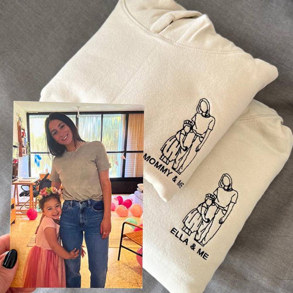 Custom Photo Outline Art Embroidered Mom Hoodie Sweatshirt/T-shirt-Gift for Mom