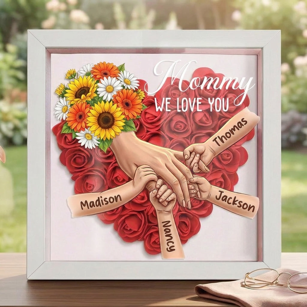 "sunflower"-Personalized Mom Holding Hands Memorial Shadow Box-Mother's Day Remembrance Frame, In Loving Memory Gift