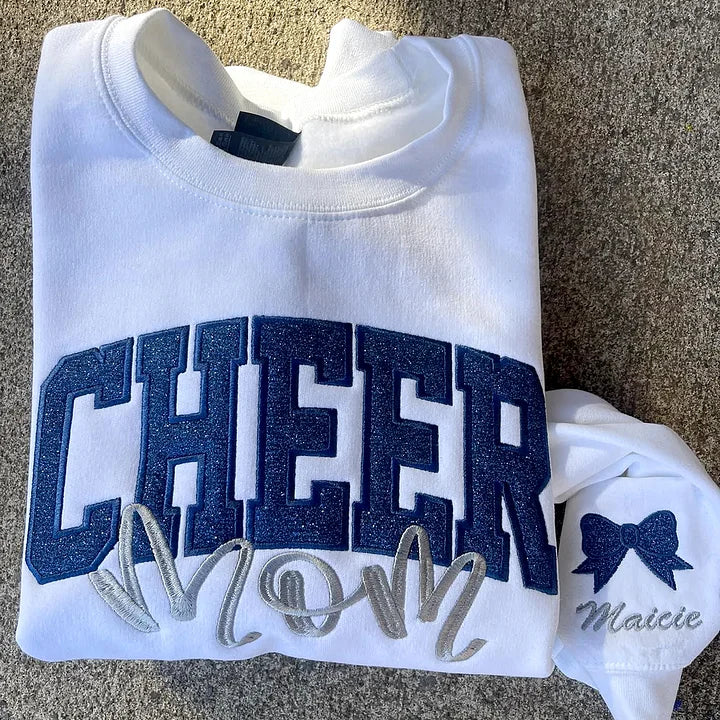 Custom Personalized Glitter Embroidered College Cheer Mom Sweatshirt