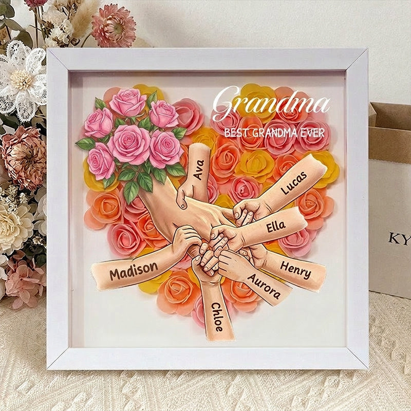 "Pink Roses"-Personalized Mom Holding Hands  Shadow Box-Mother's Day Remembrance Frame, In Loving Memory Gift