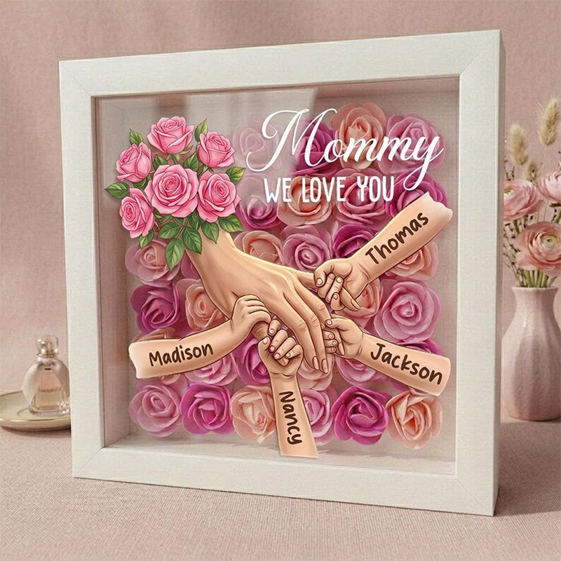 "Pink Roses"-Personalized Mom Holding Hands  Shadow Box-Mother's Day Remembrance Frame, In Loving Memory Gift