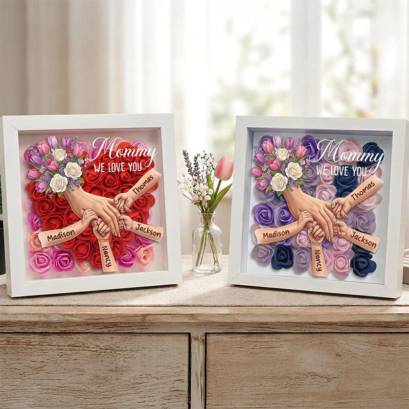 "Tulips & White Roses"-Personalized Mom Holding Hands Flower Shadow Box-Mother's Day Remembrance Frame, In Loving Memory Gift