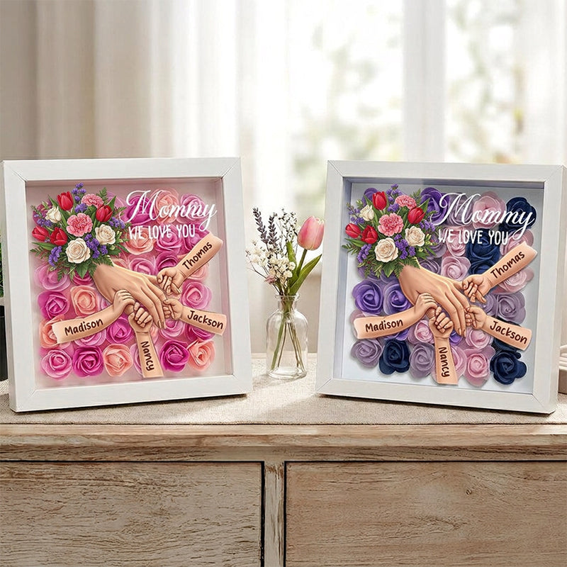 "Tulips, White Roses, and Carnations"-Personalized Mom Holding Hands Flower Shadow Box-Mother's Day Remembrance Frame, In Loving Memory Gift