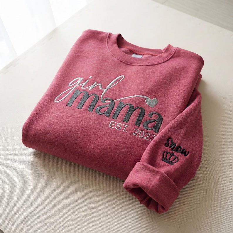 Girl Mama Sweatshirt or Hoodie with Kid Names on Sleeve - Embroidered Gift for Girl Mama