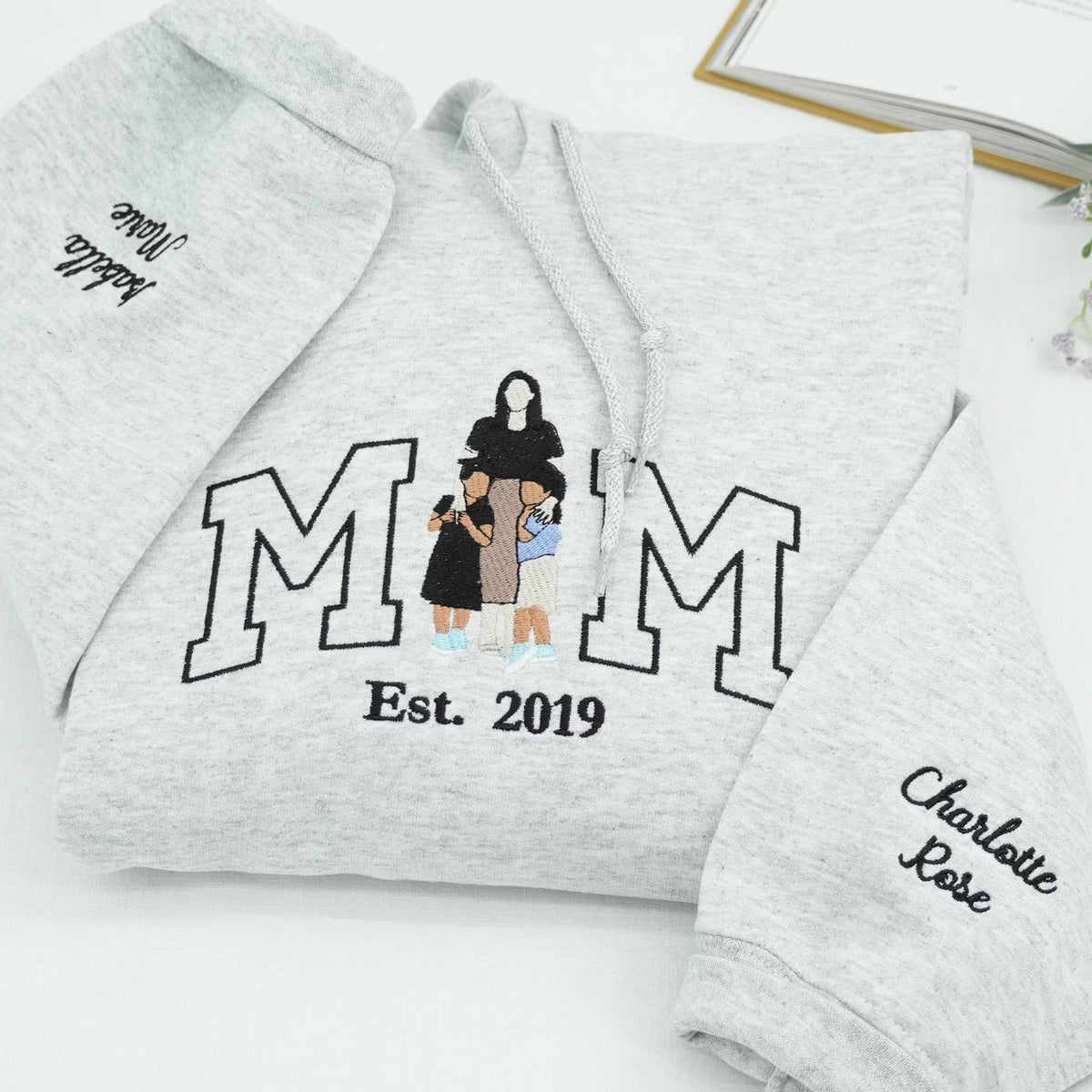 Custom Embroidered Photo Mom and Kids Family Portrait Sweatshirt |  Mother's Day Gifts