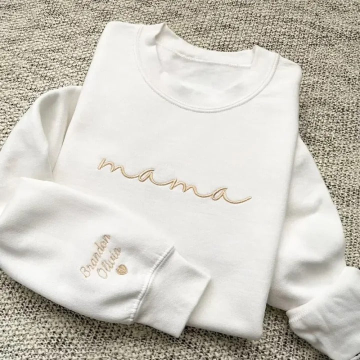Custom mama Embroidered Sweatshirt with Kids Names on Sleeves | Mother's Day Gifts