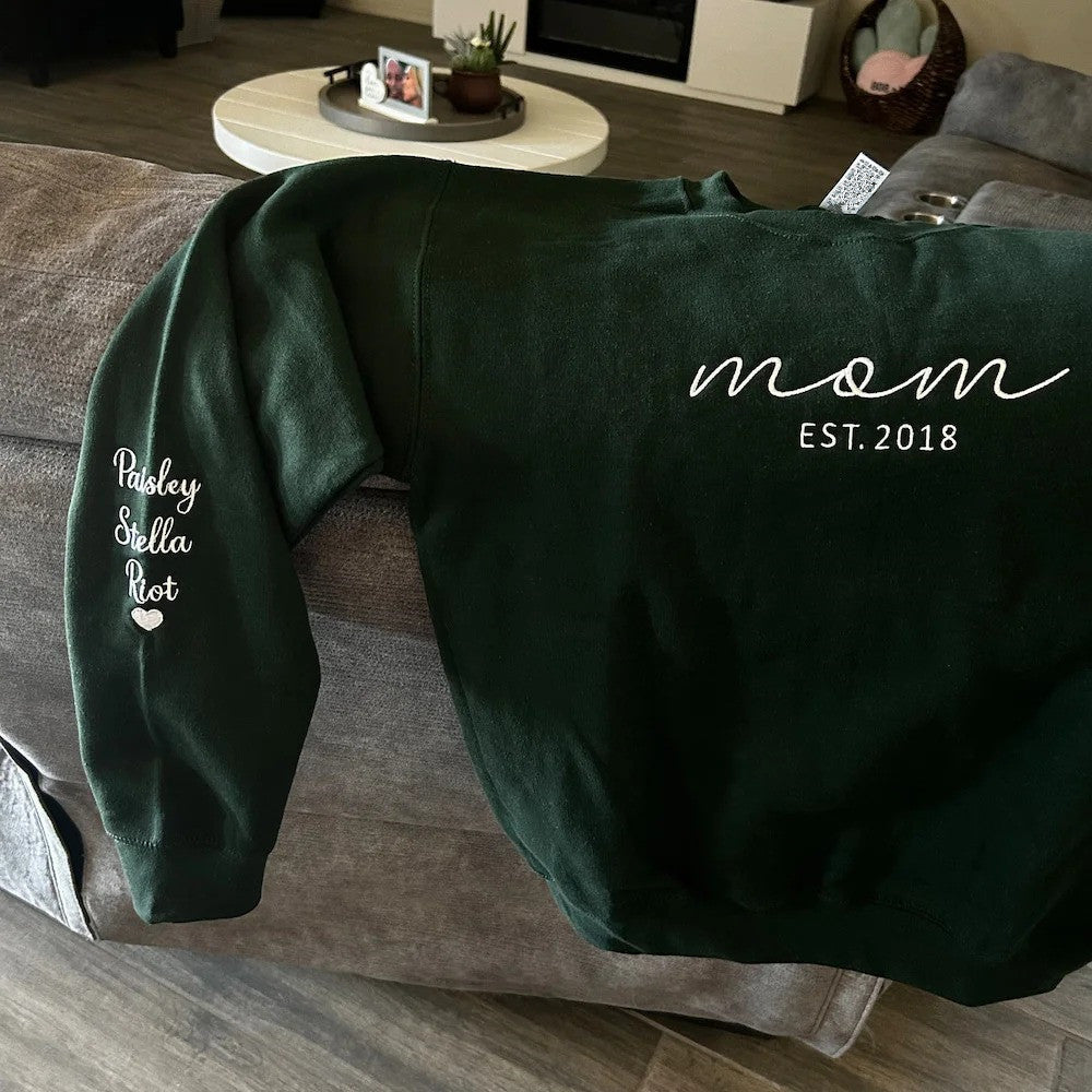 Custom Embroidered Mama Sweatshirt with Date and Kids Names on Sleeve Christmas Gift for Mom | Mother's Day Gifts