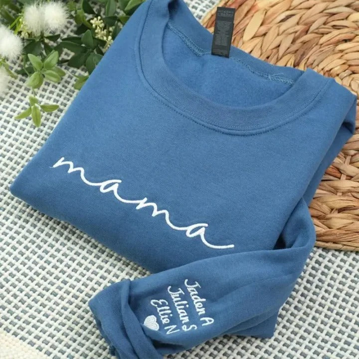 Custom mama Embroidered Sweatshirt with Kids Names on Sleeves | Mother's Day Gifts