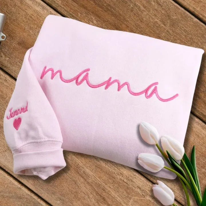 Custom mama Embroidered Sweatshirt with Kids Names on Sleeves | Mother's Day Gifts