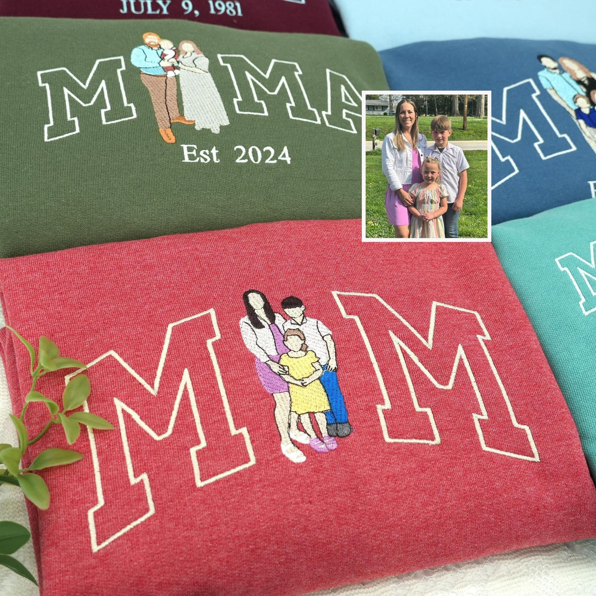 Custom Embroidered Photo Mom and Kids Family Portrait Sweatshirt |  Mother's Day Gifts