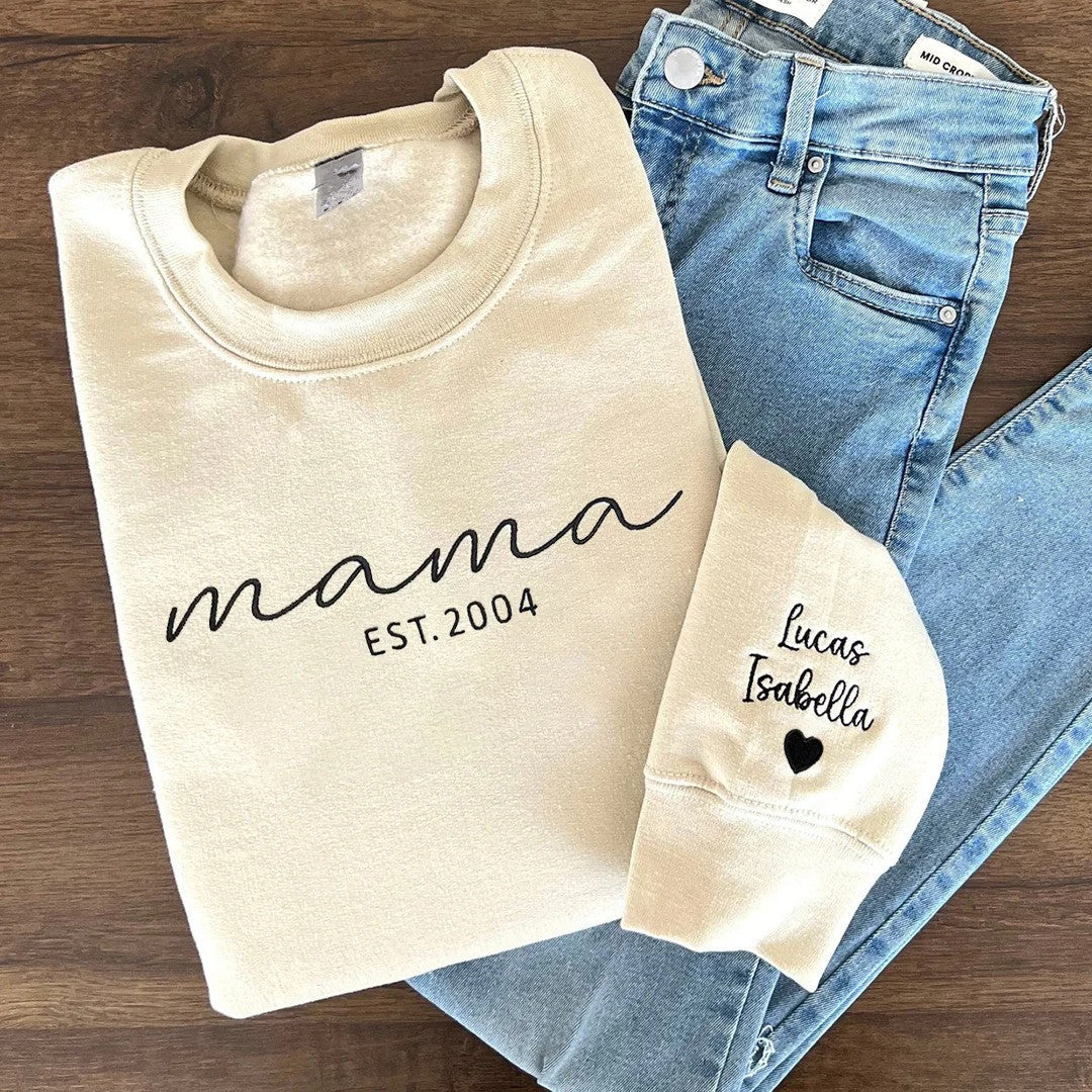 Custom Embroidered Mama Sweatshirt with Date and Kids Names on Sleeve Christmas Gift for Mom | Mother's Day Gifts