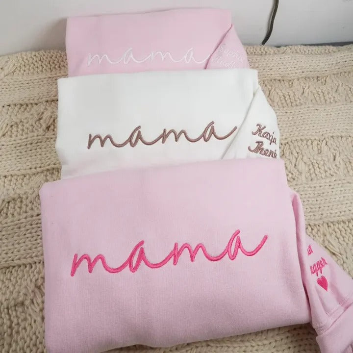 Custom mama Embroidered Sweatshirt with Kids Names on Sleeves | Mother's Day Gifts