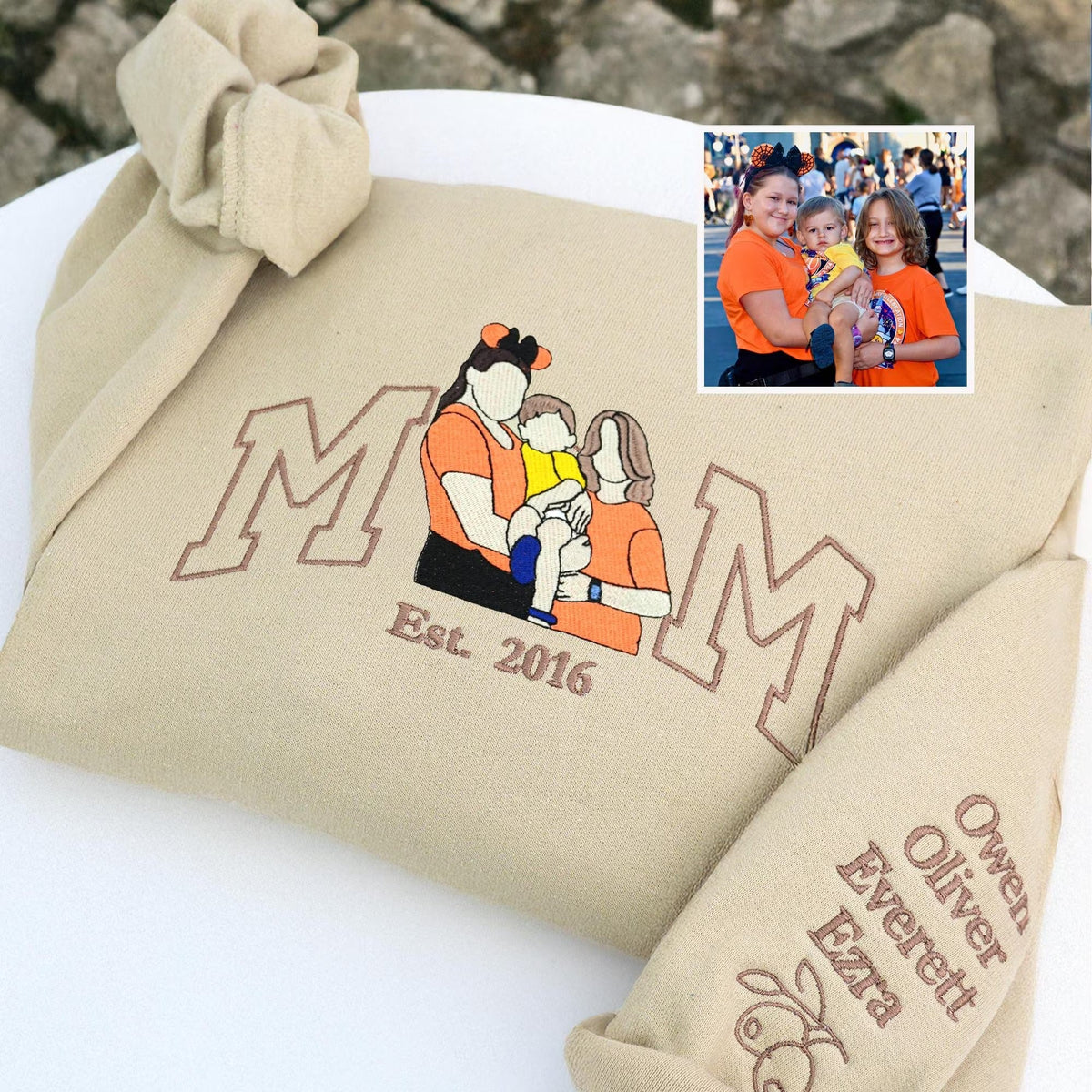 Custom Embroidered Photo Mom and Kids Family Portrait Sweatshirt |  Mother's Day Gifts