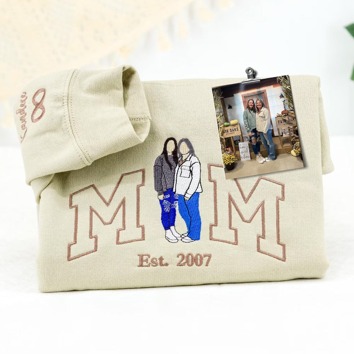 Custom Embroidered Photo Mom and Kids Family Portrait Sweatshirt |  Mother's Day Gifts
