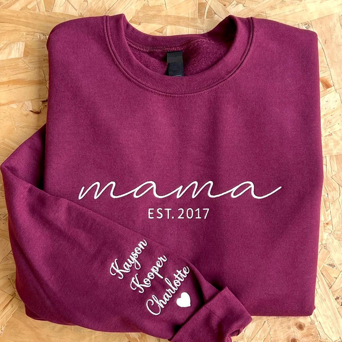 Custom Embroidered Mama Sweatshirt with Date and Kids Names on Sleeve Christmas Gift for Mom | Mother's Day Gifts