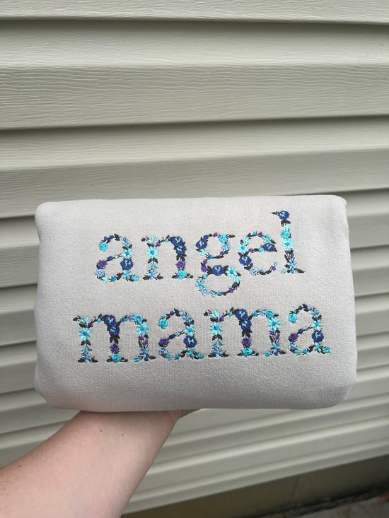 Custom Embroidered Angel Mama Floral Sweatshirt/Hoodie with Baby's Name on Sleeve