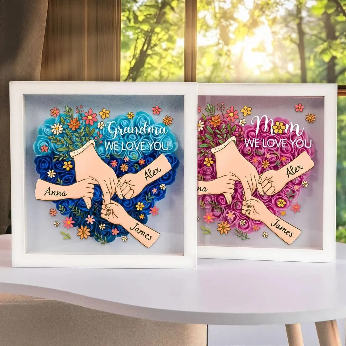 Personalized Shadow Box for Mom & Grandma Flower Shadow Box with Kids' Names | Mother's Day Gifts