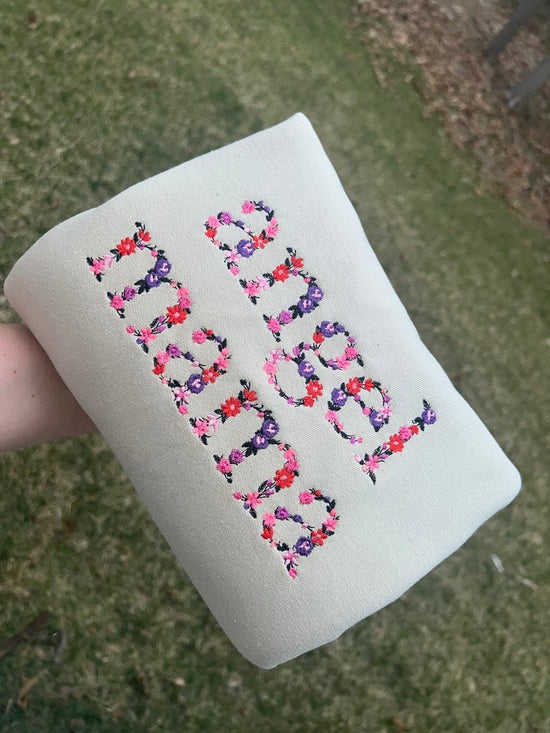 Custom Embroidered Angel Mama Floral Sweatshirt/Hoodie with Baby's Name on Sleeve