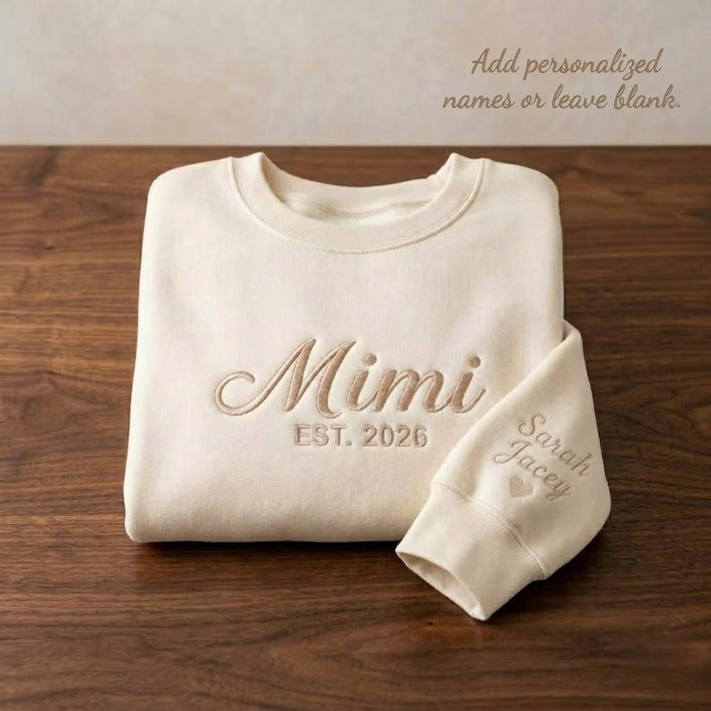 Custom Embroidered Grandma Mama Nana Mimi Sweatshirt & Hoodie with Kids Names on Sleeves Mother's Day Gift