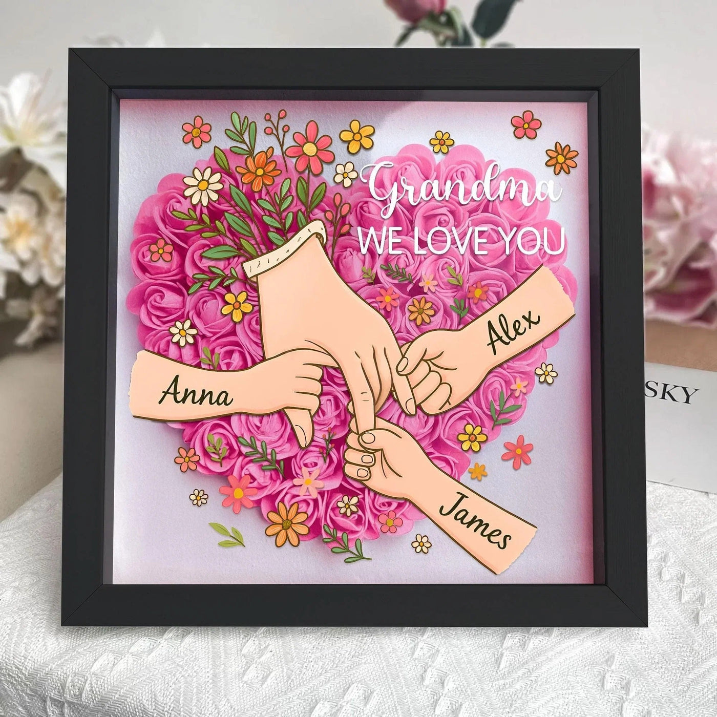 Personalized Shadow Box for Mom & Grandma Flower Shadow Box with Kids' Names | Mother's Day Gifts