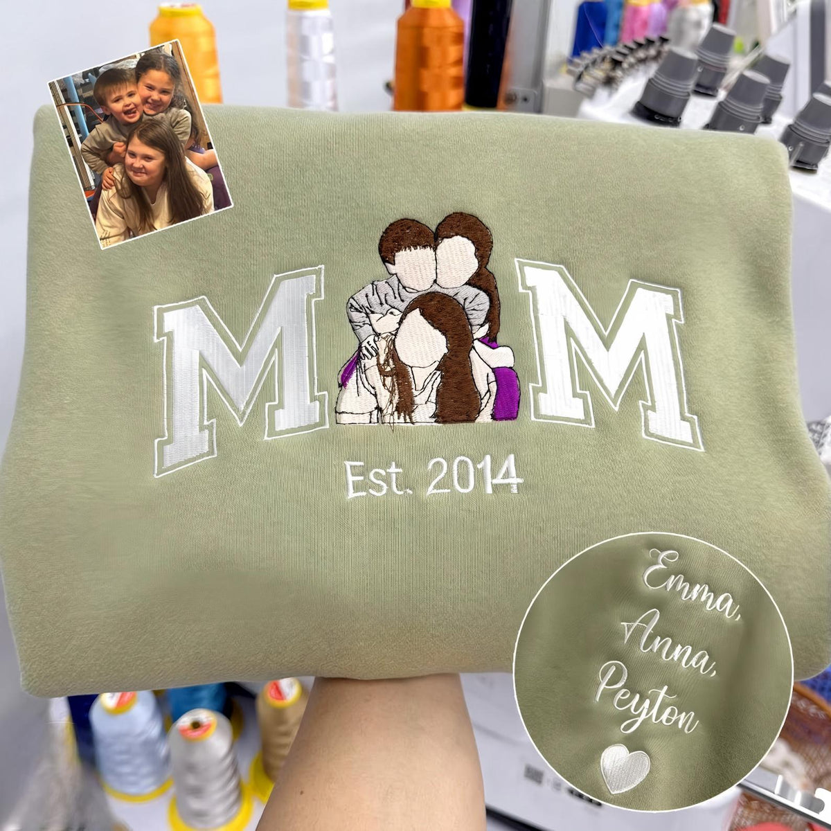 Custom Embroidered Mama Portrait Sweatshirt with Kid Name on Sleeve | Mother's Day Gifts