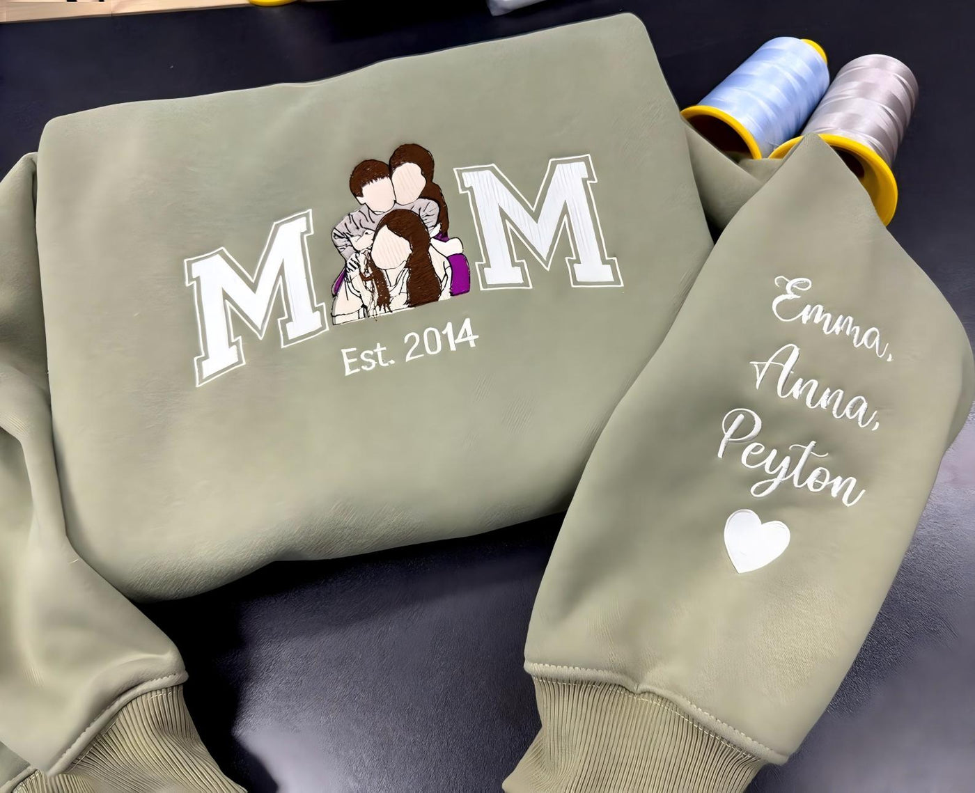 Custom Embroidered Mama Portrait Sweatshirt with Kid Name on Sleeve | Mother's Day Gifts