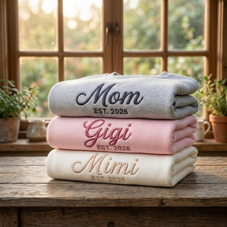 Custom Embroidered Grandma Mama Nana Mimi Sweatshirt & Hoodie with Kids Names on Sleeves Mother's Day Gift