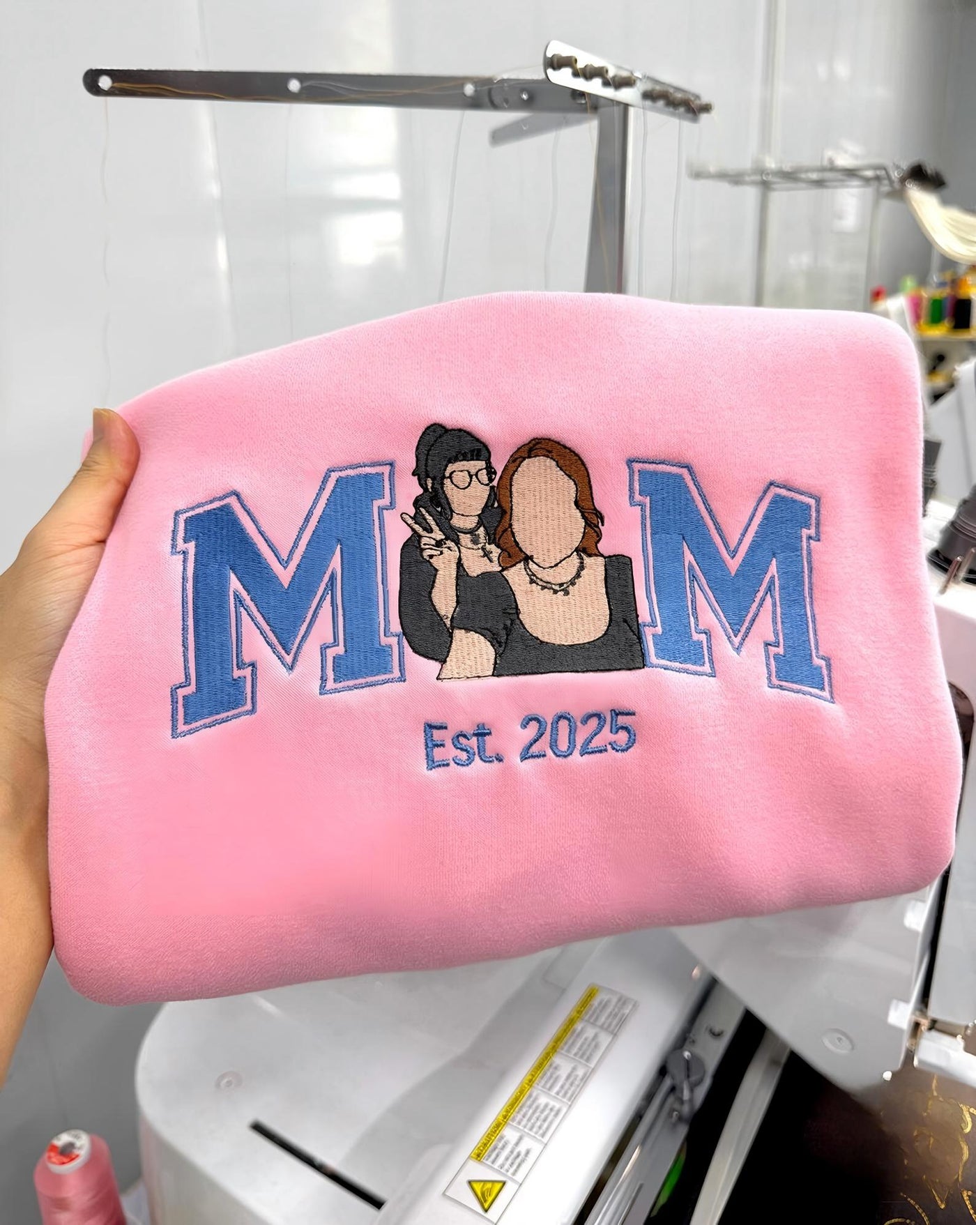 Custom Embroidered Mama Portrait Sweatshirt with Kid Name on Sleeve | Mother's Day Gifts