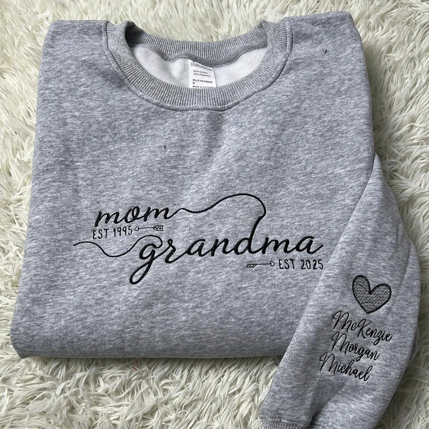 Custom Embroidered From Mom to Grandma Sweatshirt with Kids Names on Sleeves