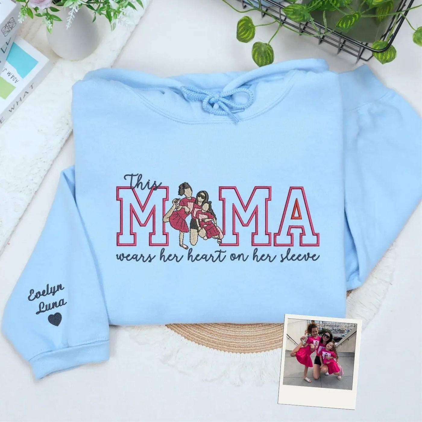 Custom This Mama Wears Her Heart On Her Sleeve Photo Embroidered Sweatshirt, Mother's Day Gift
