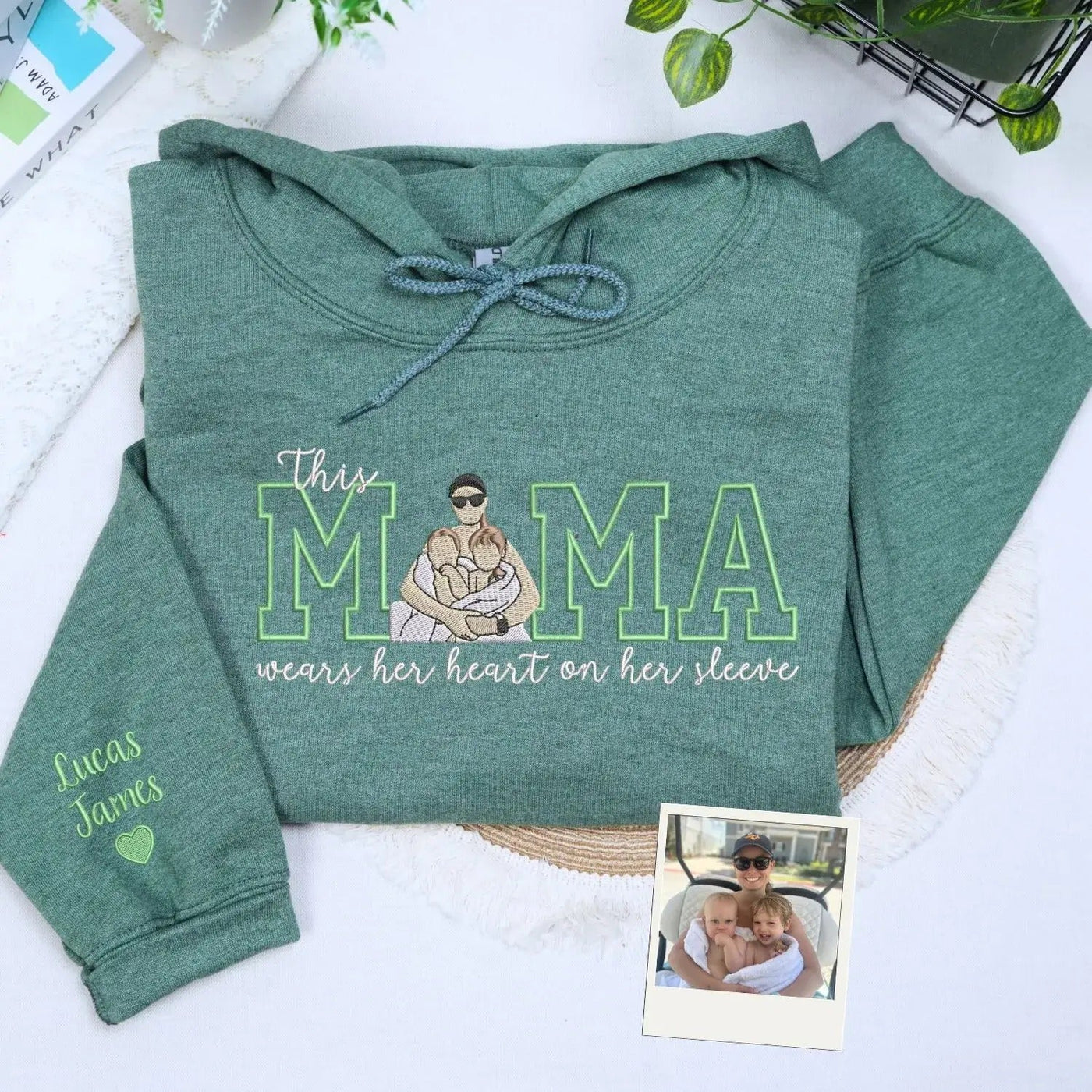 Custom This Mama Wears Her Heart On Her Sleeve Photo Embroidered Sweatshirt, Mother's Day Gift
