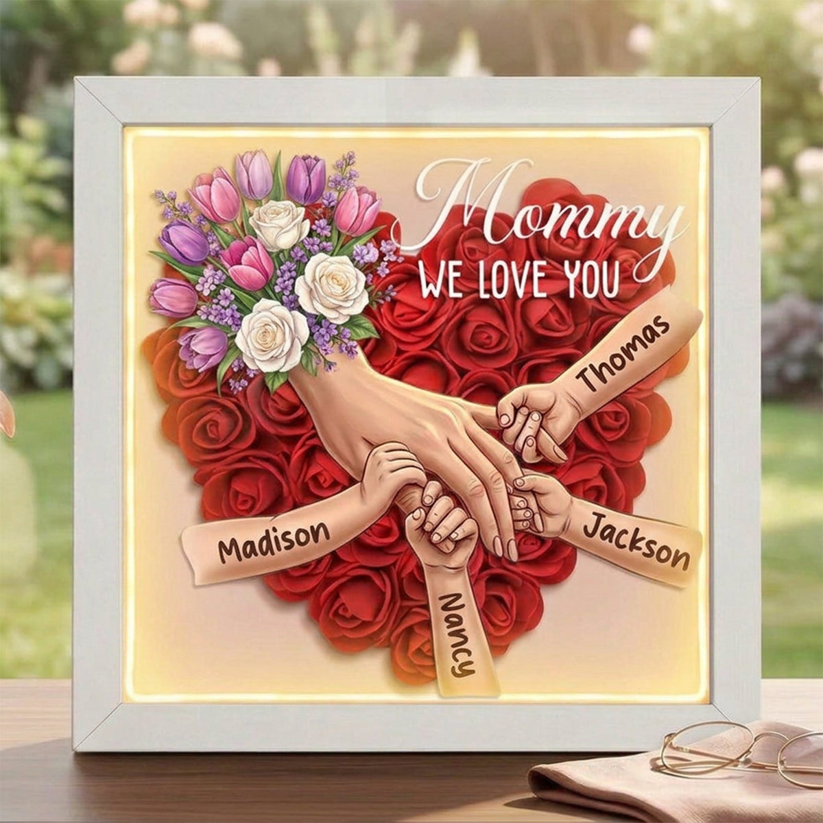 "Tulips & White Roses"-Personalized Mom Holding Hands Flower Shadow Box-Mother's Day Remembrance Frame, In Loving Memory Gift