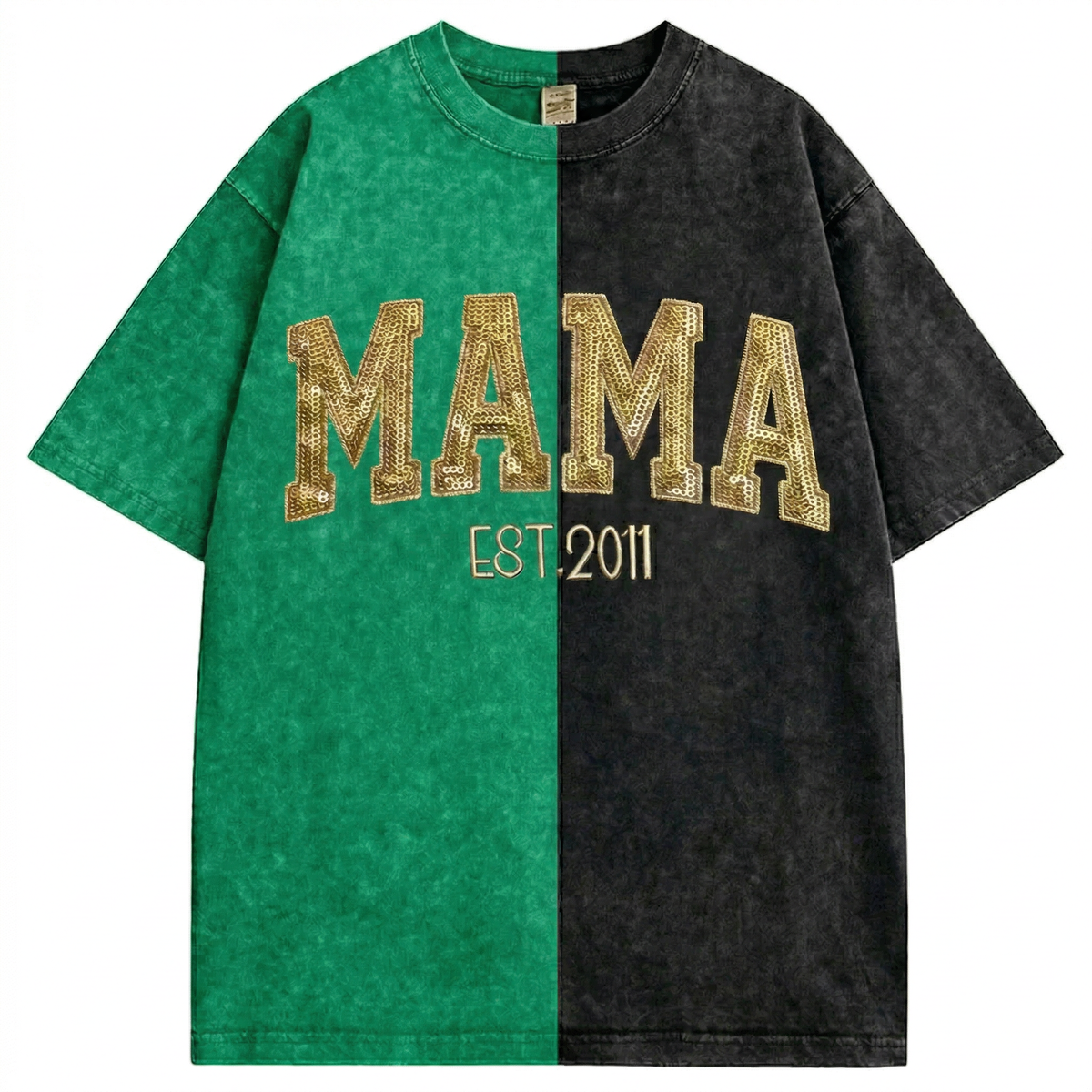 Custom Washed Patchwork MOM Sequin Embroidered T-shirt Mothers Day Gift for Mama