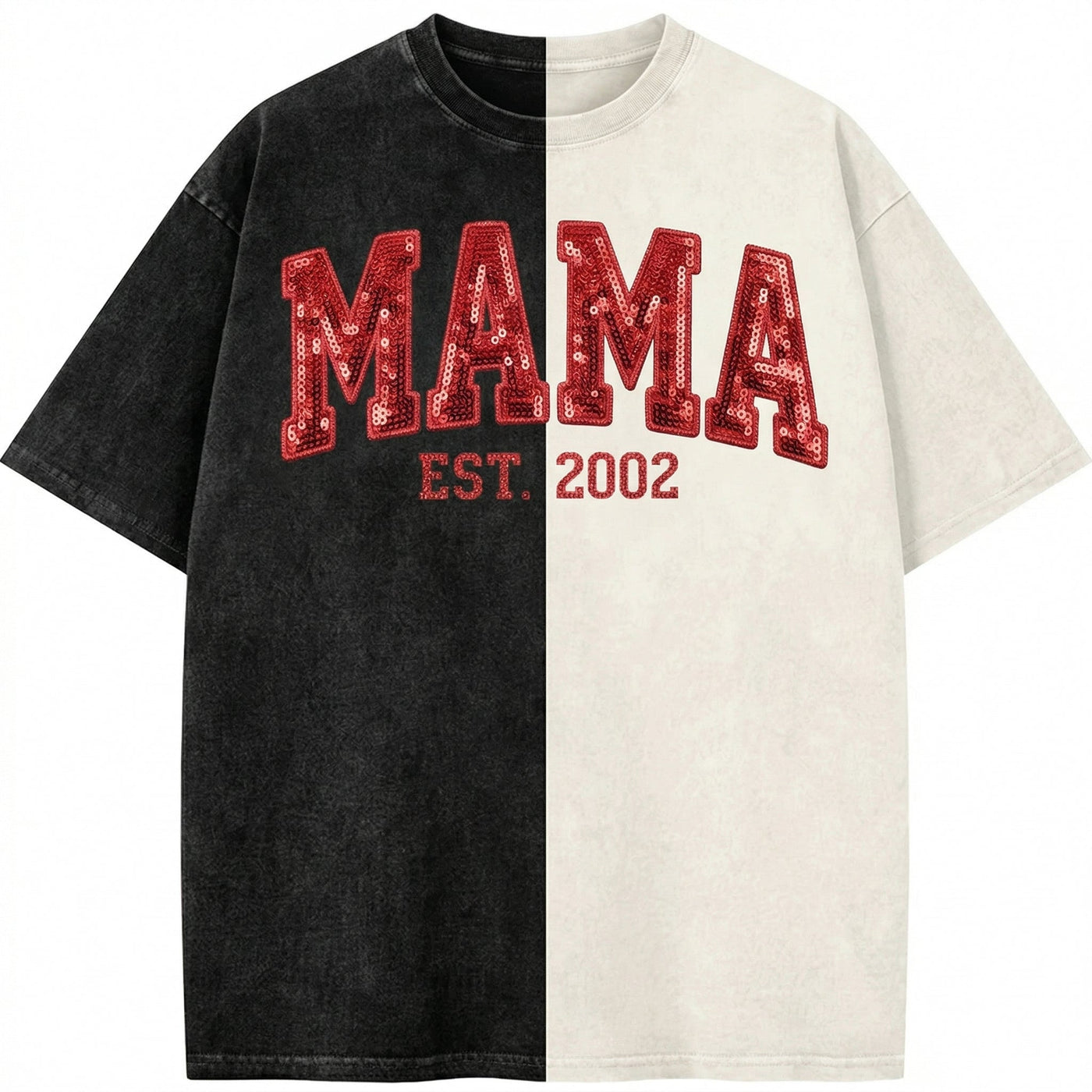 Custom Washed Patchwork MOM Sequin Embroidered T-shirt Mothers Day Gift for Mama