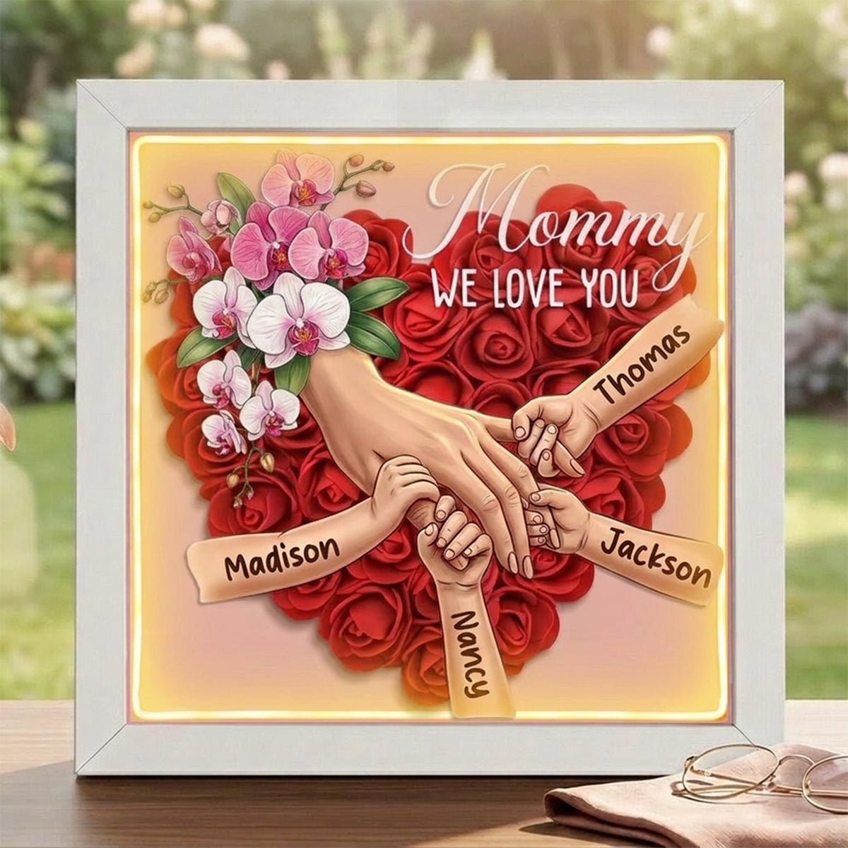"orchid"-Personalized Mom Holding Hands Flower Shadow Box-Mother's Day Remembrance Frame