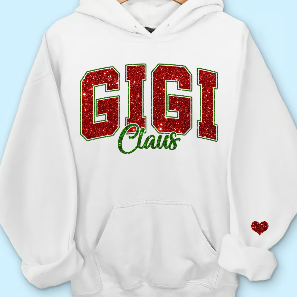 Custom Glitter Print Gigi Claus Christmas Grandma Nickname Sweatshirt With Grandkids Name