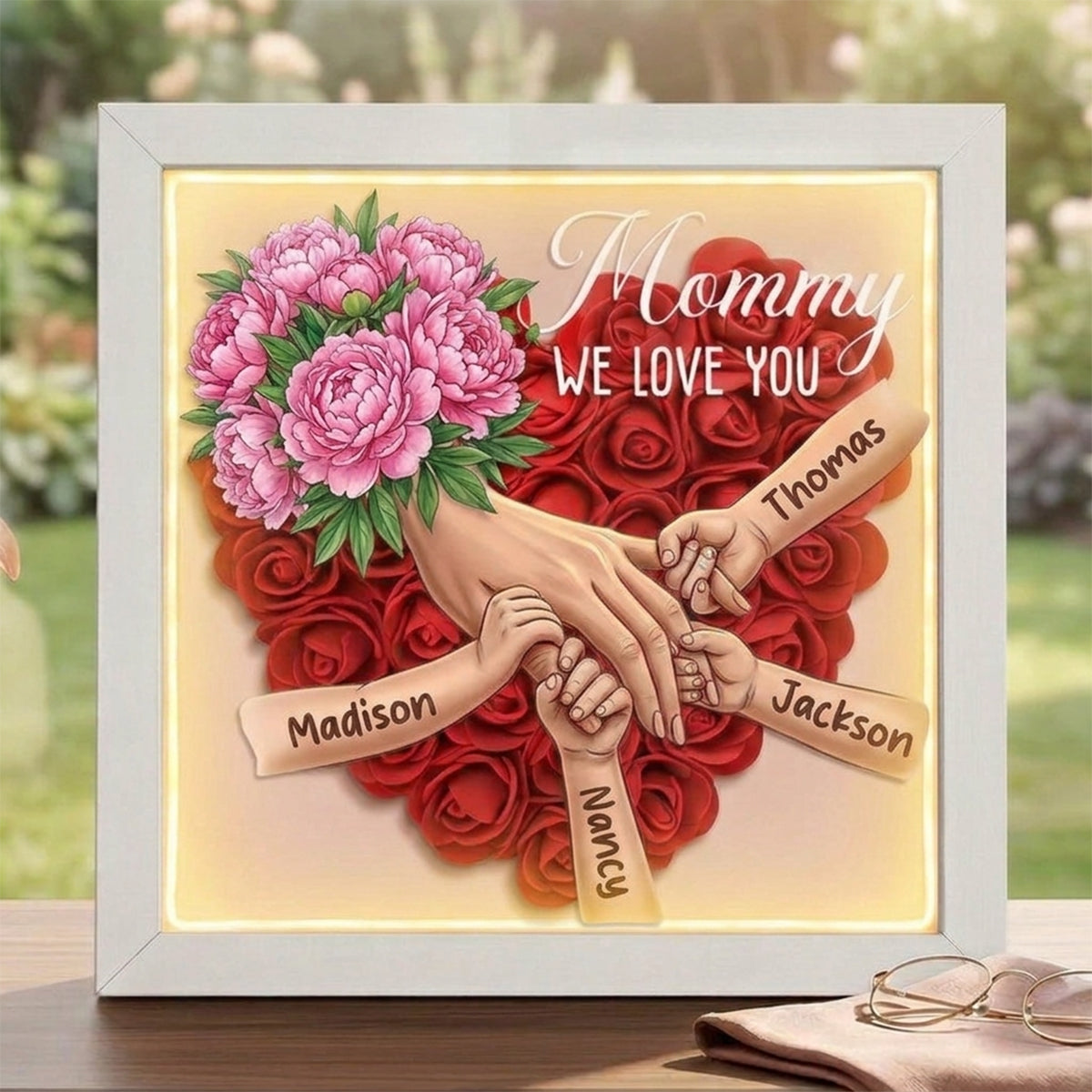 "Peony"-Personalized Mom Holding Hands  Shadow Box-Mother's Day Remembrance Frame, In Loving Memory Gift