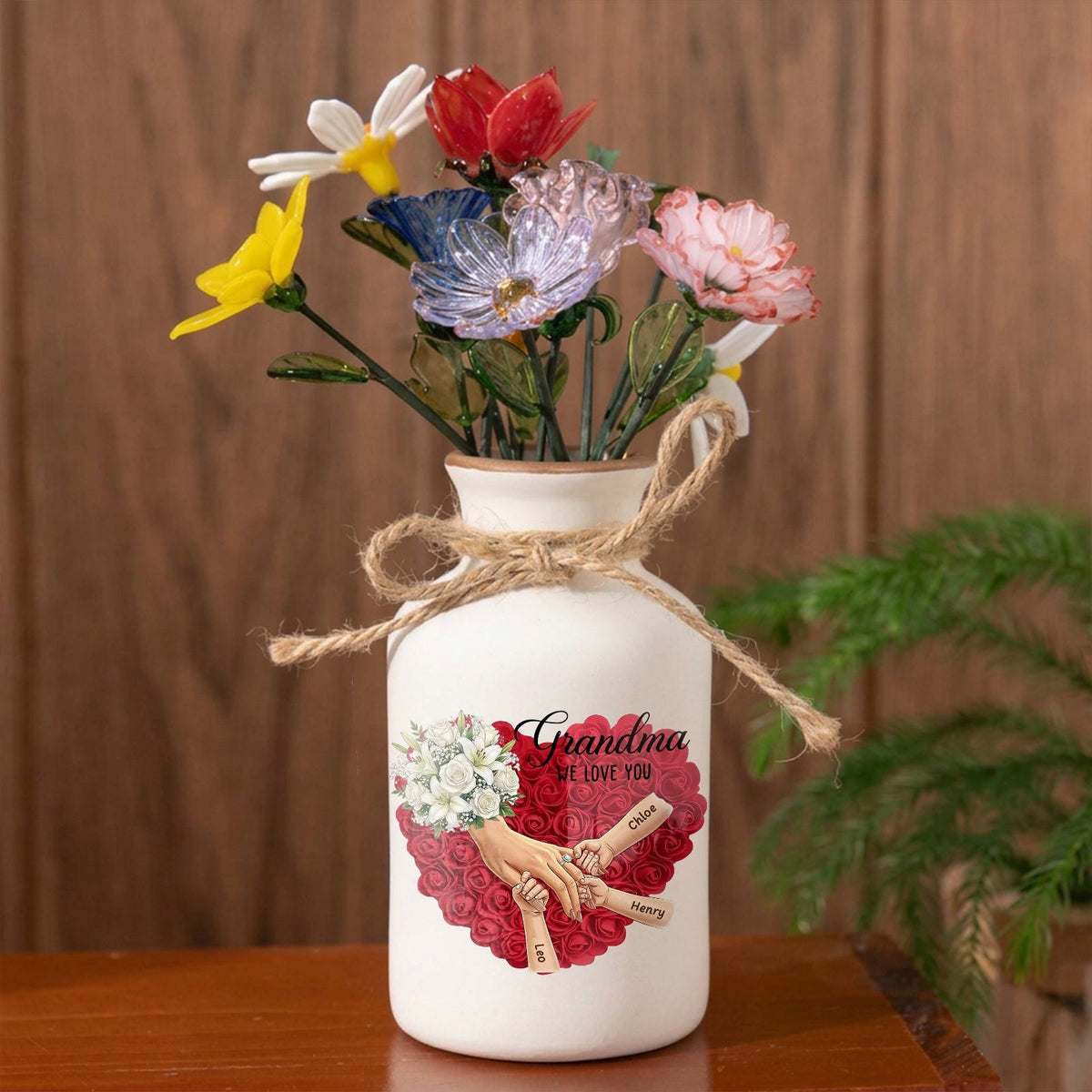 Personalized "White Lily & White Roses" Vase-Personalized Grandma Holding Hands|Best Mother's Day Gift– Timeless Gift for Every Home