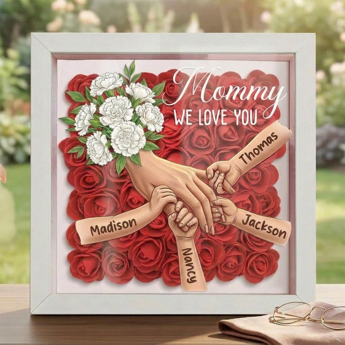 "White Carnation"-Personalized Mom Holding Hands Memorial Shadow Box-Mother's Day Remembrance Frame, In Loving Memory Gift